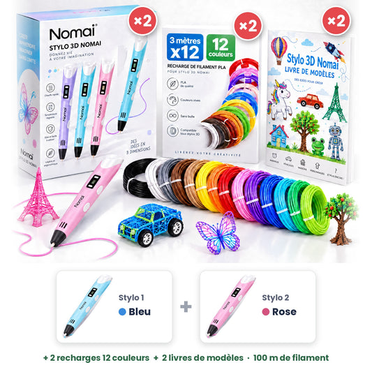 Pack Duo stylo 3D Nomaï : un stylo bleu et un stylo rose, 2 recharges 12 couleurs et 2 livres de modèles